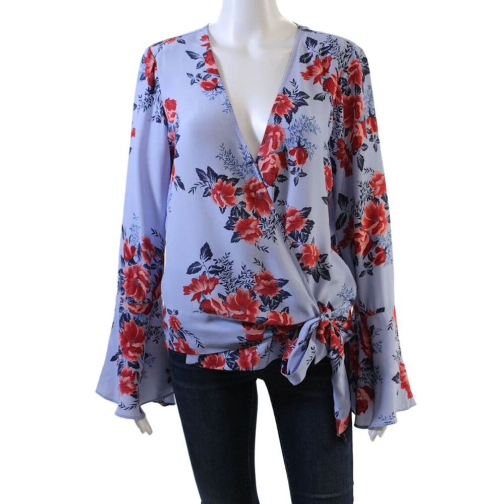 Parker Womens Floral Wrap Top Blue Size M